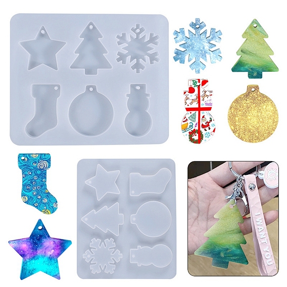 Moldes de colgantes de silicona de navidad, moldes de resina, para diy resina uv, fabricación de joyas de resina epoxi, estrella, árbol de chrismtas, copo de nieve, calcetines, muñeco de nieve, campana