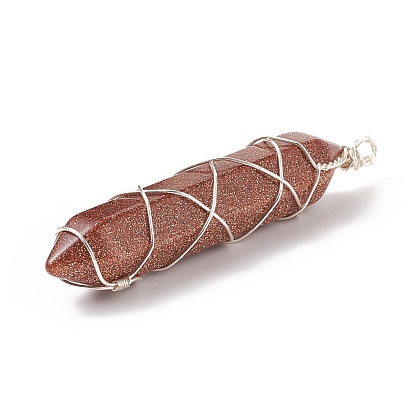 Natural & Synthetic Mixed Stone Double Terminal Pointed Pendants, with Silver Tone Copper Wire Wrapped, Bullet Charm