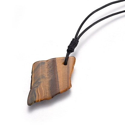 Natural Tiger Eyes Pendant Necklaces, with Cowhide Leather Cord, Chinese Waxed Cotton Cord, Mixed Shapes