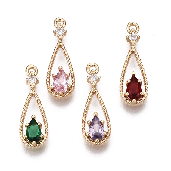 Brass Micro Pave Cubic Zirconia Pendants, with Glass, Teardrop, Long-Lasting Plated, Light Gold