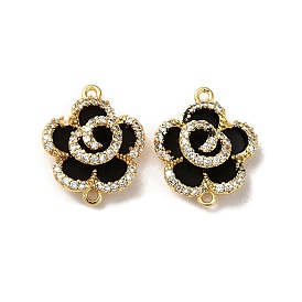 Brass Micro Pave Clear Cubic Zirconia Connector Charms, with Black Enamel, Flower Links