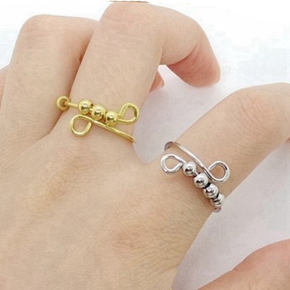 304 Stainless Steel Rotating Beaded Open Cuff Ring, Ball Rotatable Anti Anxiety Spinner Rings