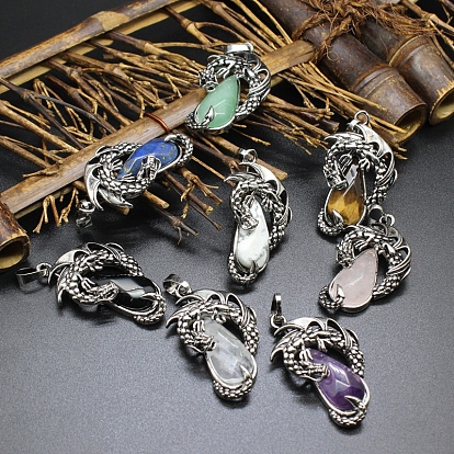 Natural Gemstone Brass Pendants, Flying Dragon Charms with Faceted Teardrop Gems, Antique Silver