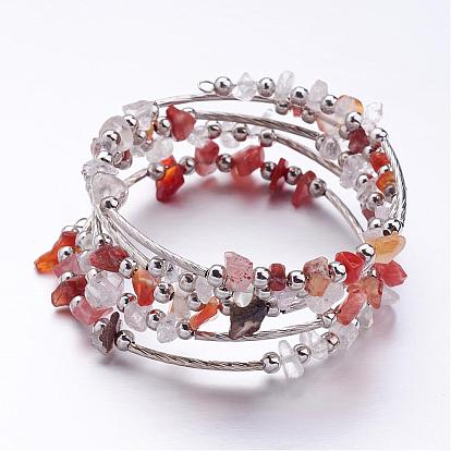 Five Loops Wrap Gemstone Beads Bracelets, with Crystal Chips Beads and Iron Spacer Beads