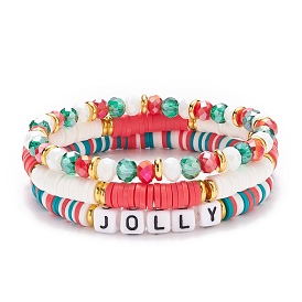 3 pcs 3 bracelets extensibles en argile polymère de style heishi surfeur sertis de perles acryliques word jolly, bracelets empilables avec verre pour femme