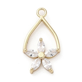 Brass Micro Pave Clear Cubic Zirconia Pendants, Long-Lasting Plated, Flower