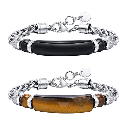 Bracelet à maillons courbés avec pierres précieuses naturelles mélangées, avec chaînes à blé en acier inoxydable