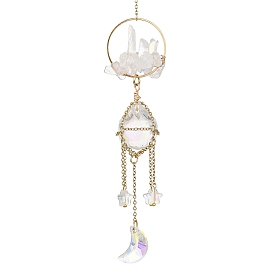 Stainless Steel Cable Chains Pouch Teardrop Pendant Decorations, Hanging Suncatchers, with Glass Moon/Star Charm and Natural Quartz Crystal