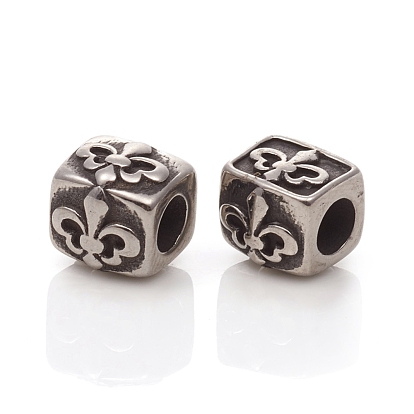 304 acier inoxydable perles européennes, Perles avec un grand trou   , cuboïde à fleur de lis