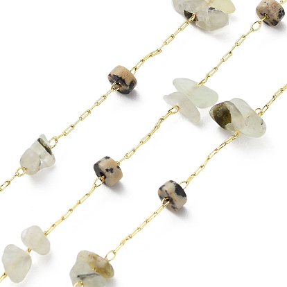 Natural Mixed Stone Chips & Disc Beaded Chains, with Brass Findings, Soldered, with Spool