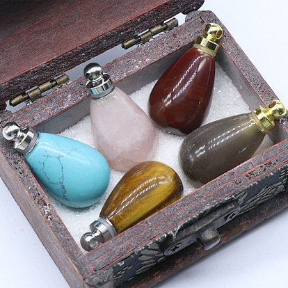 Gemstone Perfume Bottle Pendants, with Alloy Findings, for Essential Oil, Scent Storage, Teardrop