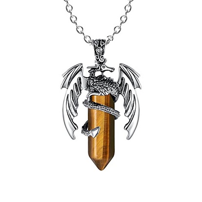Natural & Synthetic Mixed Stone Bullet with Dragon Pendant Necklace with Zinc Alloy Chains