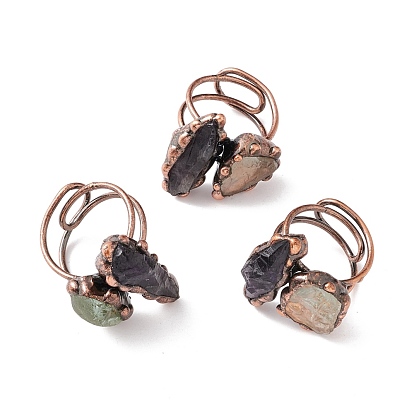 Natural Amethyst & Green Quartz Irregular Nugget Open Cuff Ring, Red Copper Brass Wire Wrap Chunky Ring for Women, Cadmium Free & Lead Free