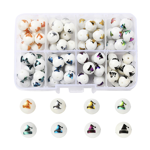 80Pcs 8 Colors Christmas Opaque Glass Beads, Round with Electroplate Christmas Hat Pattern