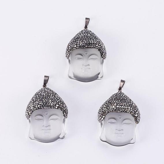 Pendentifs en verre, avec strass en argile polymère et accessoires en laiton , Bouddha