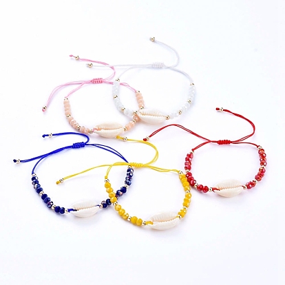 Adjustable Nylon Thread Braided Bead Bracelets, with Natural Cowrie Shell Beads, Faceted Glass Beads and Brass Beads