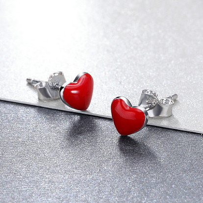 925 Sterling Silver Enamel Stud Earrings, Heart, with 925 Stamp, Real Platinum Plated