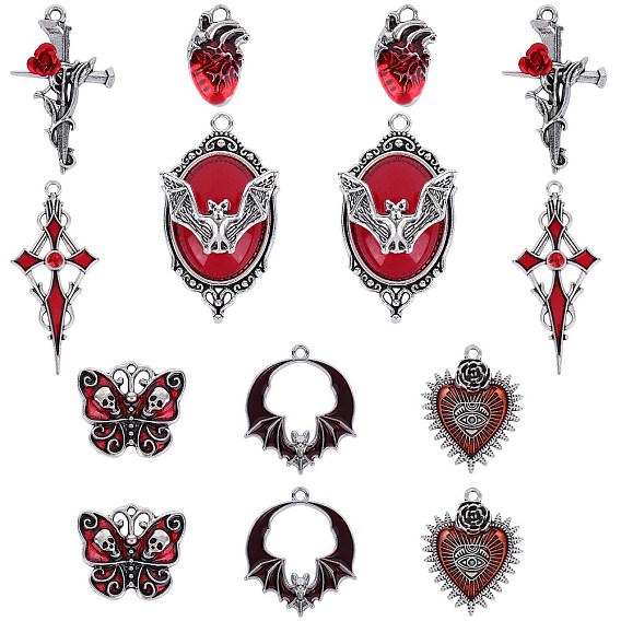 Kit de búsqueda de fabricación de joyas de bricolaje, incluyendo 14 piezas 7 estilo colgante de esmalte de aleación y cabujones para diamantes de imitación, cruz y corazón y calavera y corazón de murciélago
