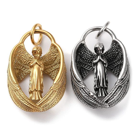 Ion Plating(IP) 304 Stainless Steel Pendants, with Jump Ring, Praying Angel Charm