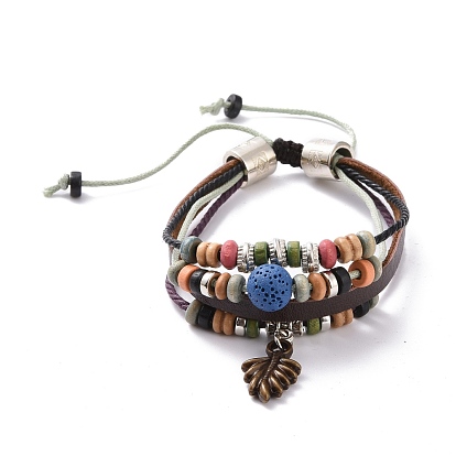 Lava Rock Beads Bracelets, Waxed Cotton Cord and Leather Cord with Alloy Findings and Wood Beads, Steel Blue, 44mm