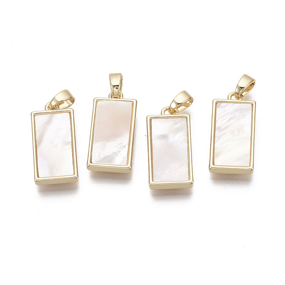 Brass Pendants, with Freshwater Shell, Nickel Free, Real 18k Gold Plated, Rectangle