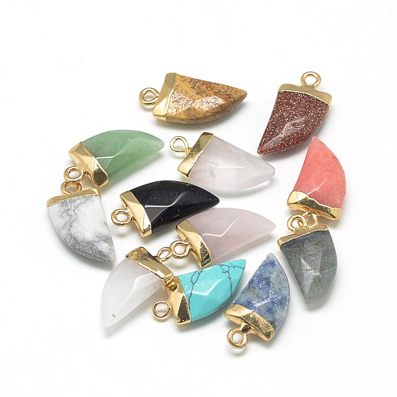 Gemstone Pointed Pendants, with Brass Findings, Faceted, Tusk Shape, Golden