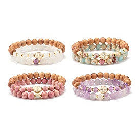 Ensemble de bracelets extensibles en perles rondes en bois naturel, bracelets de perles de pierre mélangées, bracelets ronds plats avec croix pour femme, or