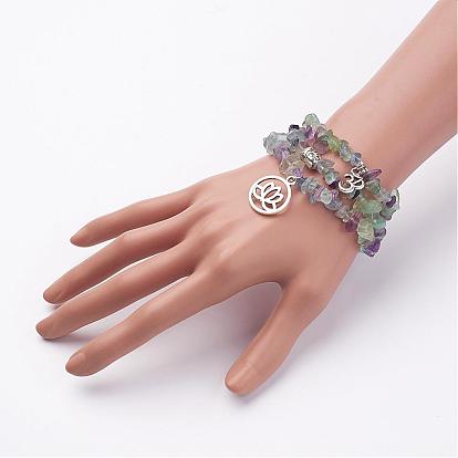 Natural Fluorite Stretch Bracelet Sets, with Tibetan Style Alloy Pendants