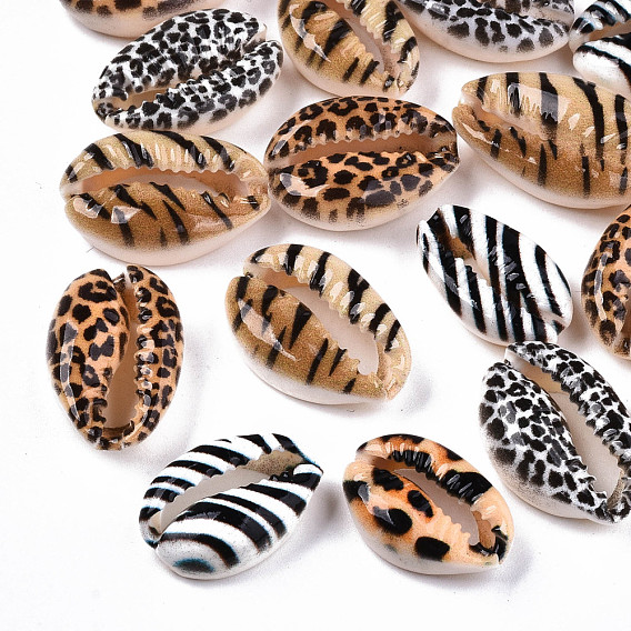 Perles de coquillage cauri naturel imprimées, pas de trous / non percés, avec motif de peau d'animal