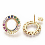 Brass Micro Pave Colorful Cubic Zirconia Stud Earrings, with Earring Backs, Round Ring, Real 16K Gold Plated