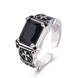 Natural Black Agate Rectangle with Cross Open Cuff Ring, Antique Silver Brass Jewelry for Women