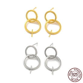 Double Rings 925 Sterling Silver Dangle Stud Earring Findings, for Half Drilled Beads, with S925 Stamp