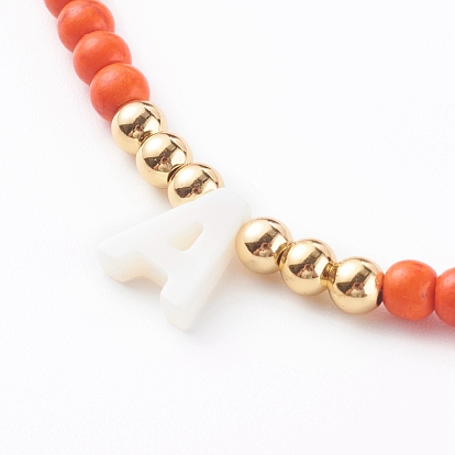 Colliers pendentif initiale coquillage naturel, avec des perles synthétiques turquoises et des perles naturelles, lettre, or