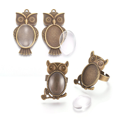 Vintage Adjustable Iron Owl Finger Ring Settings and Alloy Cabochon Bezel Settings, Owl Alloy Big Pendant Cabochon Settings and Clear Oval Glass Cabochons