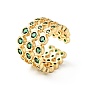 Micro Pave Green Cubic Zirconia Cuff Rings, Rack Plating 3 Line Brass Wide Band Rings for Women, Long-Lasting Plated, Cadmium Free & Lead Free