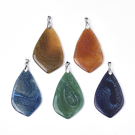 Natural Crackle Agate Big Pendants, with Platinum Plated Brass Pinch Bails, Dyed, Teardrop