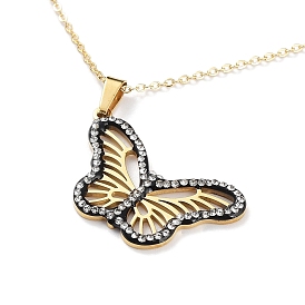 Butterfly Rhinestone Pendant Necklaces, Ion Plating(IP) 304 Stainless Steel Cable Chains