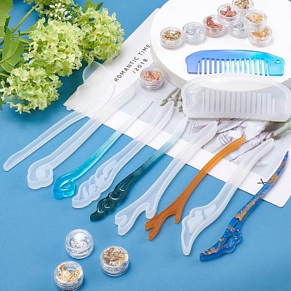 DIY Hairpin & Comb Silicone Molds Kits, Resin Casting Molds, with UV Gel Nail Art Tinfoil and 304 Stainless Steel Beading Tweezers