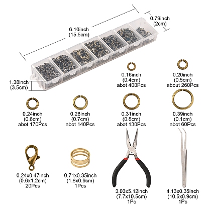 DIY Jewelry Making Finding Kit, Including Brass Jump Rings & Open Jump Rings, Zinc Alloy Lobster Claw Clasps, Tweezers, Pliers