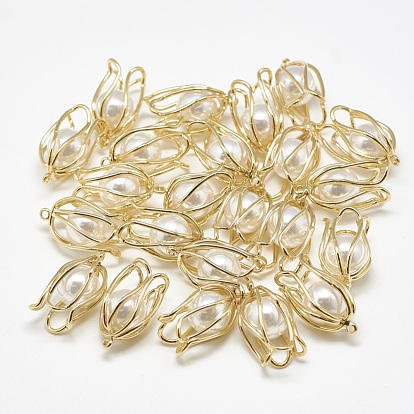 Colgantes de perlas de imitación de plástico abs, con fornituras de latón, flor, blanco cremoso