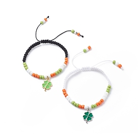 2Pcs 2 Color Alloy Enamel Clover Charm Bracelets Set, Glass Braided Bead Bracelets for Women