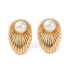 Rack Plating Brass Teardrop Stud Earrings, with Natural Shell Beaded