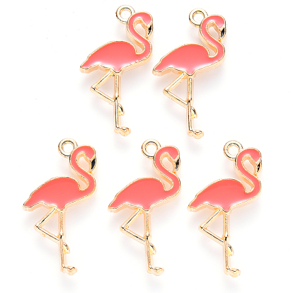 Alloy Enamel Pendants, Flamingo Shape, Light Gold