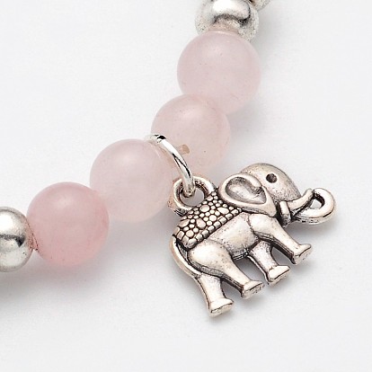 Natural Gemstone Beaded Elephant Charm Stretch Bracelets, with Antique Silver Alloy Findings, 53mm