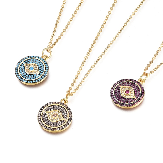 Brass Micro Pave Cubic Zirconia Pendant Necklaces, with 304 Stainless Steel Cable Chains, Flat Round with Evil Eye, Golden