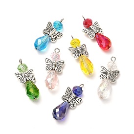 Pendentifs en verre, avec des perles papillon en alliage de style tibétain et des brins de perles de verre électrolytiques, de couleur plaquée ab , larme