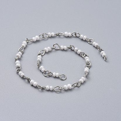 Handmade Glass Seed Beaded Chains, with Iron Eye Pins, Platinum, Unwelded