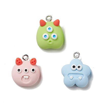 Opaque Resin Pendants, with Platinum Tone Iron Loops, Monster Charm