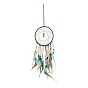 Iron Synthetic Turquoise Woven Web/Net with Feather Pendant Decorations, with Wood and Plastic Beads, Covered with Cotton Lace and Villus Cord,, Flat Round