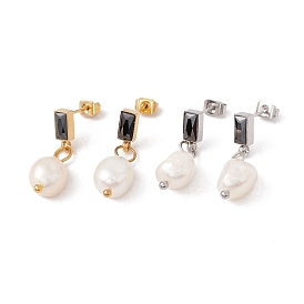 Rectangle de jais en strass avec boucles d'oreilles pendantes en perle naturelle, 304 bijoux en acier inoxydable pour femmes
